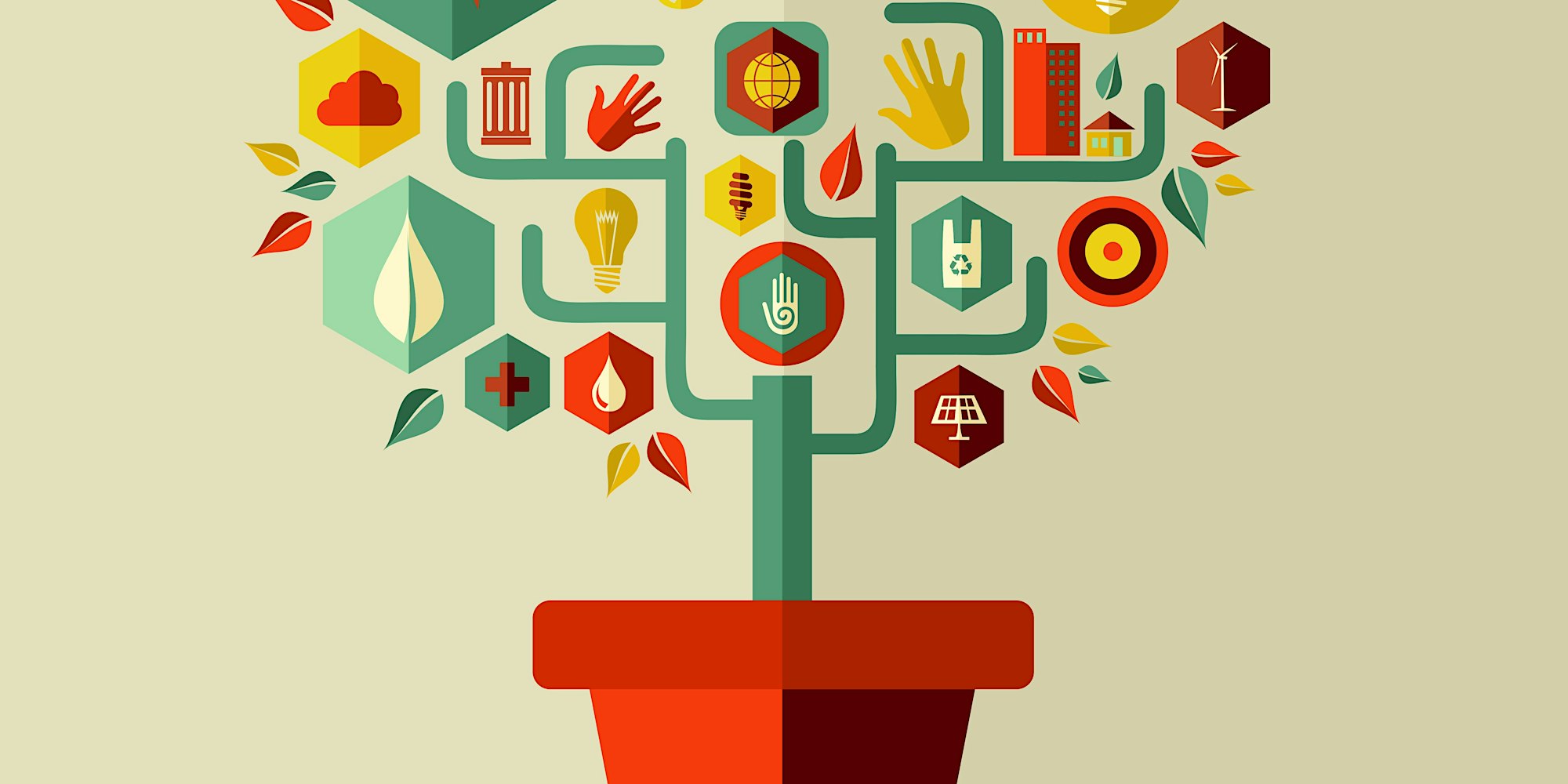 Red pot with a green plant/tree whose branches form eco icons (solar, wind, recycling, leaves) representing sustainability.