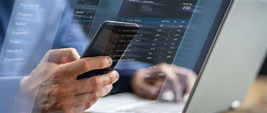 Person using a smartphone with a translucent financial dashboard overlaid, showing payments and invoices on screen