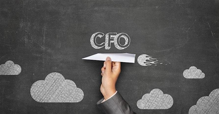 Hand in a suit draws a paper rocket on a chalkboard beside the 'CFO' text, with chalk clouds nearby.