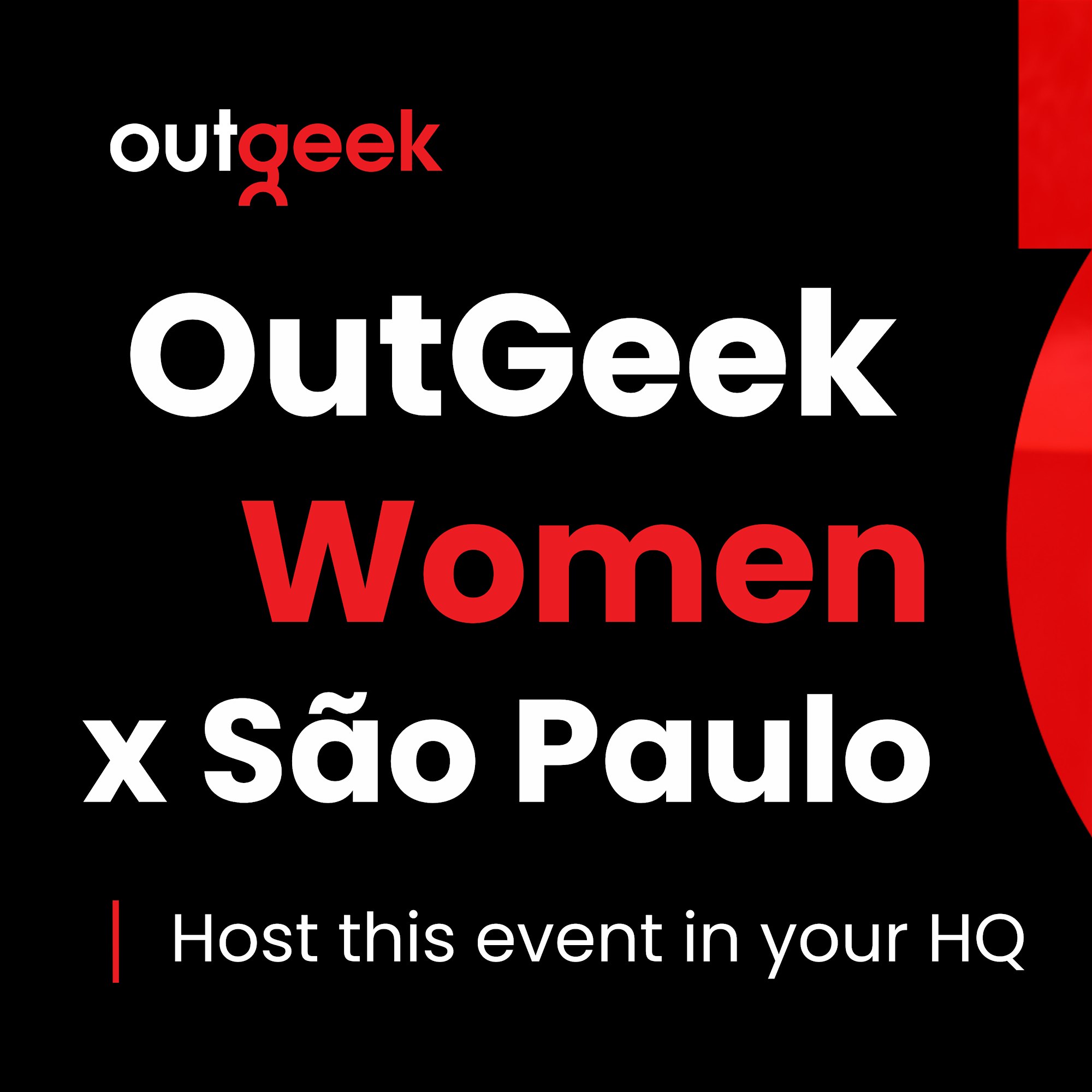Poster-style graphic for OutGeek Women: bold white 'OutGeek' on black background with red 'Women' text and red accent shapes; suggests an event banner.