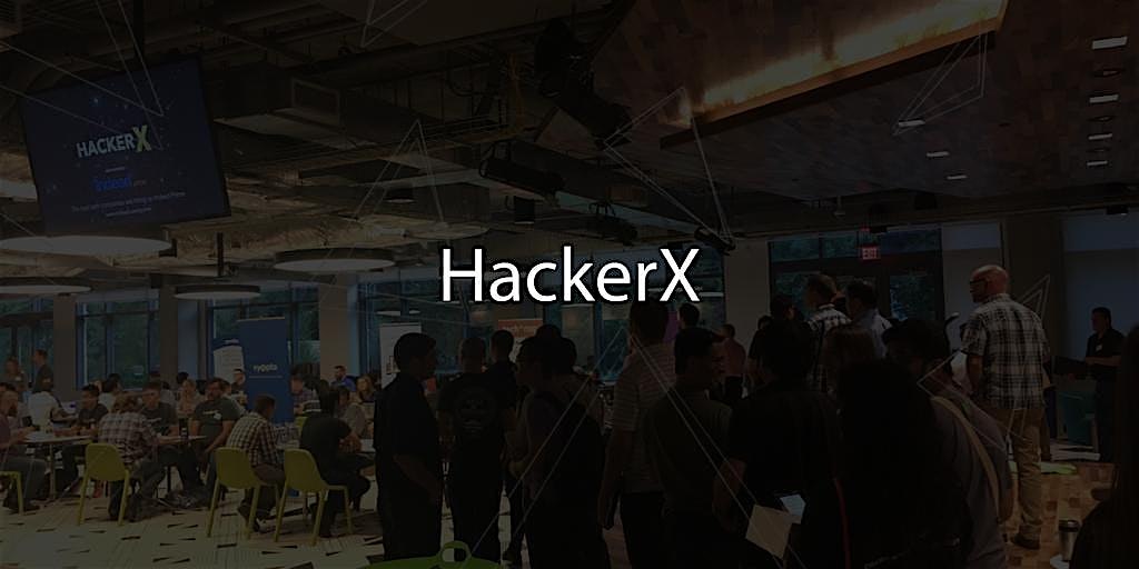 Crowd gathers at a dimly lit conference hall with a large 'HackerX' logo overlayed in the center of the image.