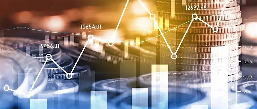 Financial data visualization with coins, bar chart, and a rising line graph indicating growth.