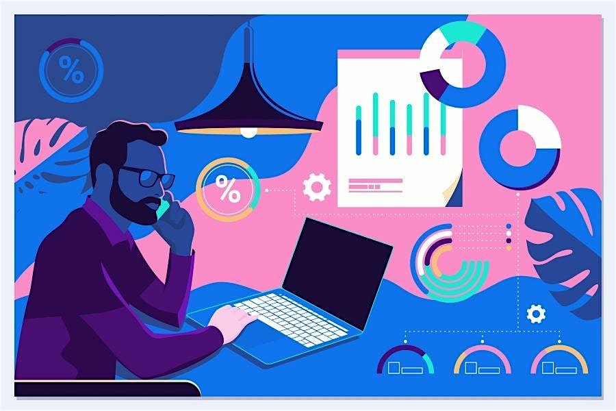 45ec721ee939add8255a5751f6a2f8cb ECommerce Update Man with glasses typing on a laptop with colorful charts and graphs around him