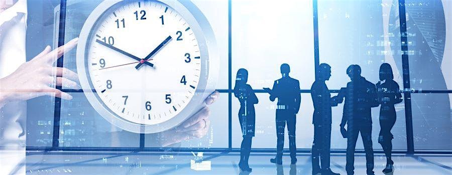 Clock showing about 10:10 held in a hand, with silhouettes of professionals chatting in a glass-walled office backdrop.