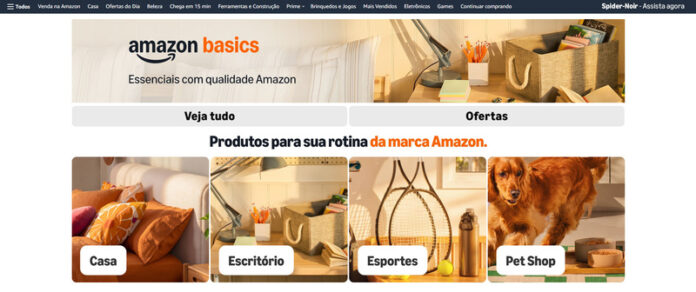 Banner for Amazon Basics featuring home and office items, with tabs 'Veja tudo' and 'Ofertas', followed by four category tiles: Casa, Escritório, Esportes, Pet Shop.