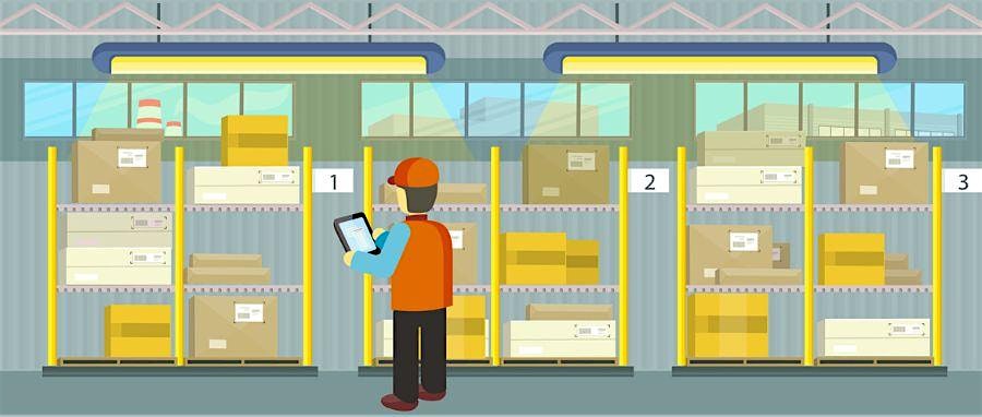 Warehouse worker in an orange safety vest and hard hat uses a tablet to inspect inventory beside three storage bays labeled 1, 2, and 3 filled with boxes and pallets.