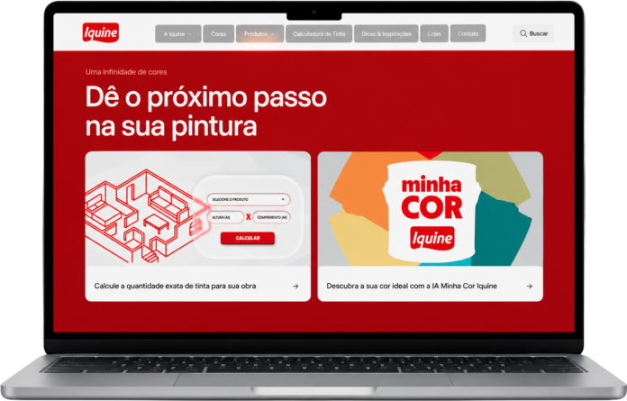 Página de empresa de tintas em tela de laptop com título grande: 'Dê o próximo passo na sua pintura' e dois cartões informativos na seção vermelha.