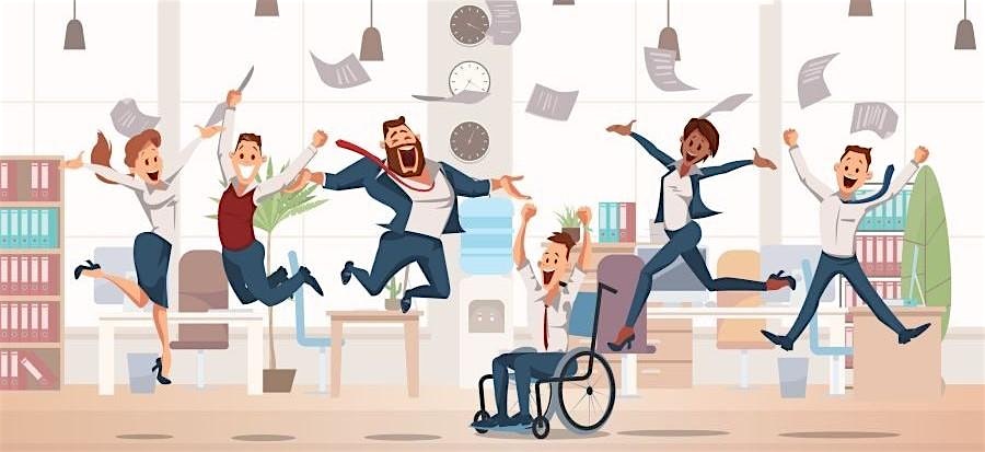 Office colleagues celebrating in a bright open-plan office; several people jump for joy as papers fly around, including a person in a wheelchair smiling at the center.